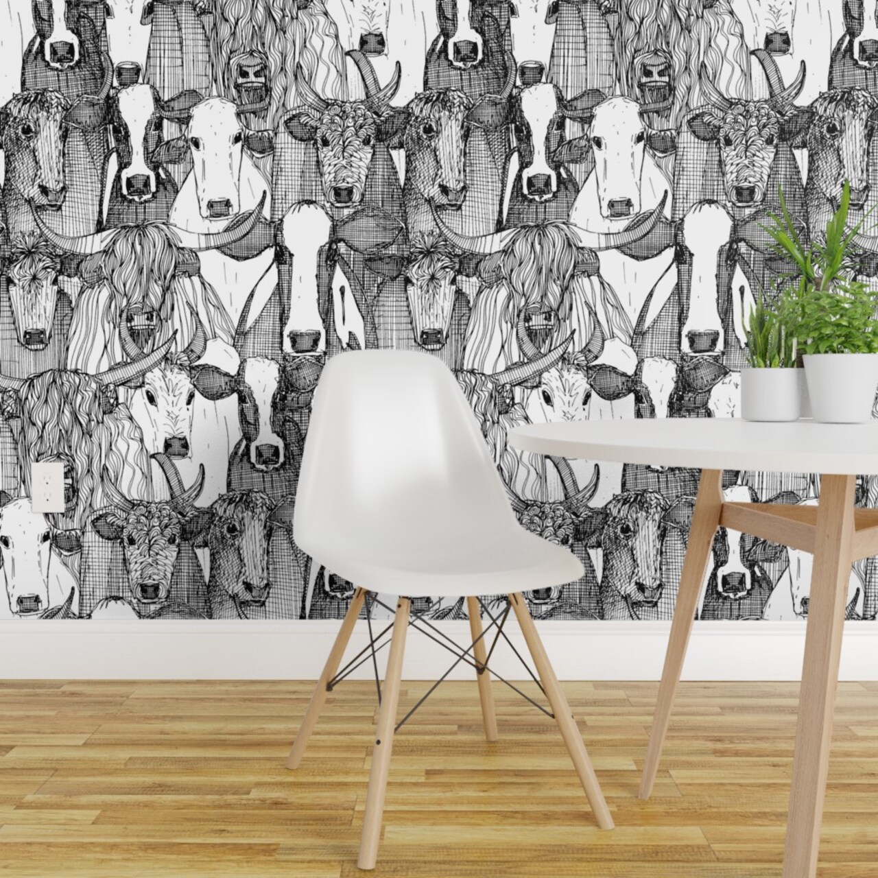 Peel & Stick Wallpaper 2FT Wide Cattle Black White Large Animal Illustration Cow Cows Bull Custom Removable Wallpaper by Spoonflower